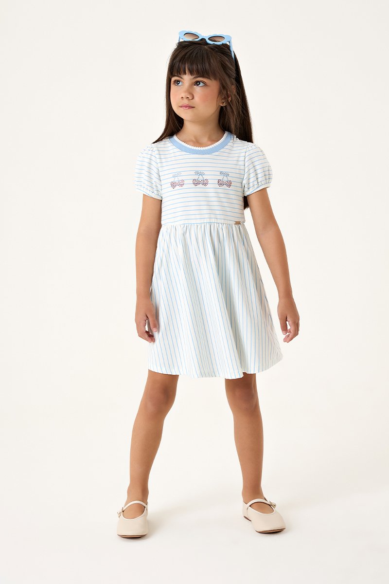 Vestido Infantil Menina Midi com Saia Marias em Cotton Listrado Fio Tinto