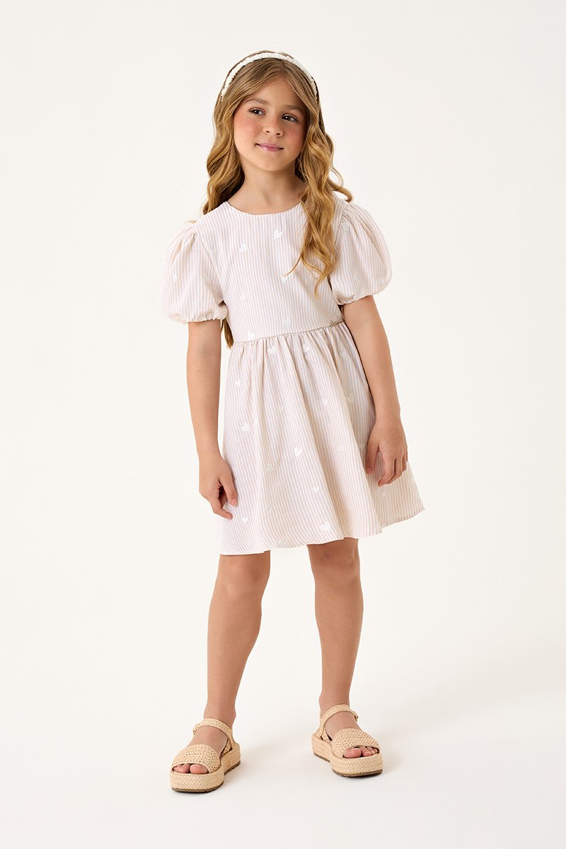 Vestido Infantil Menina em Viscose Listrada Bordada