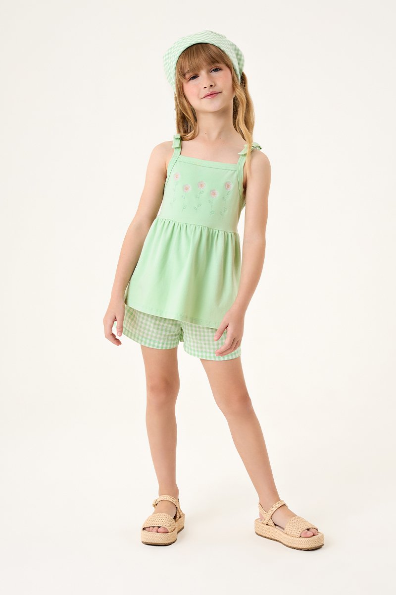 Conjunto Infantil Menina Batinha em Cotton e Short em Tecido Xadrez Vichy com Forro