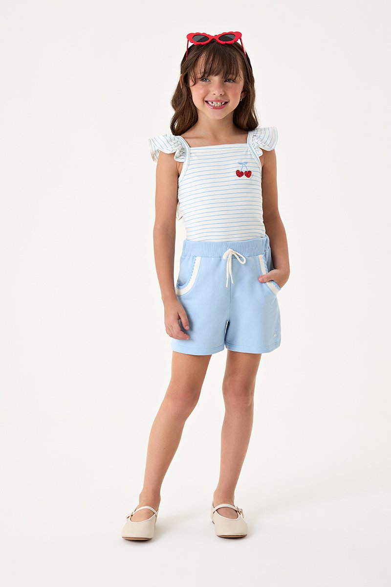 Conjunto Infantil Menina Regata em Cotton Listrado e Shorts em Moletinho