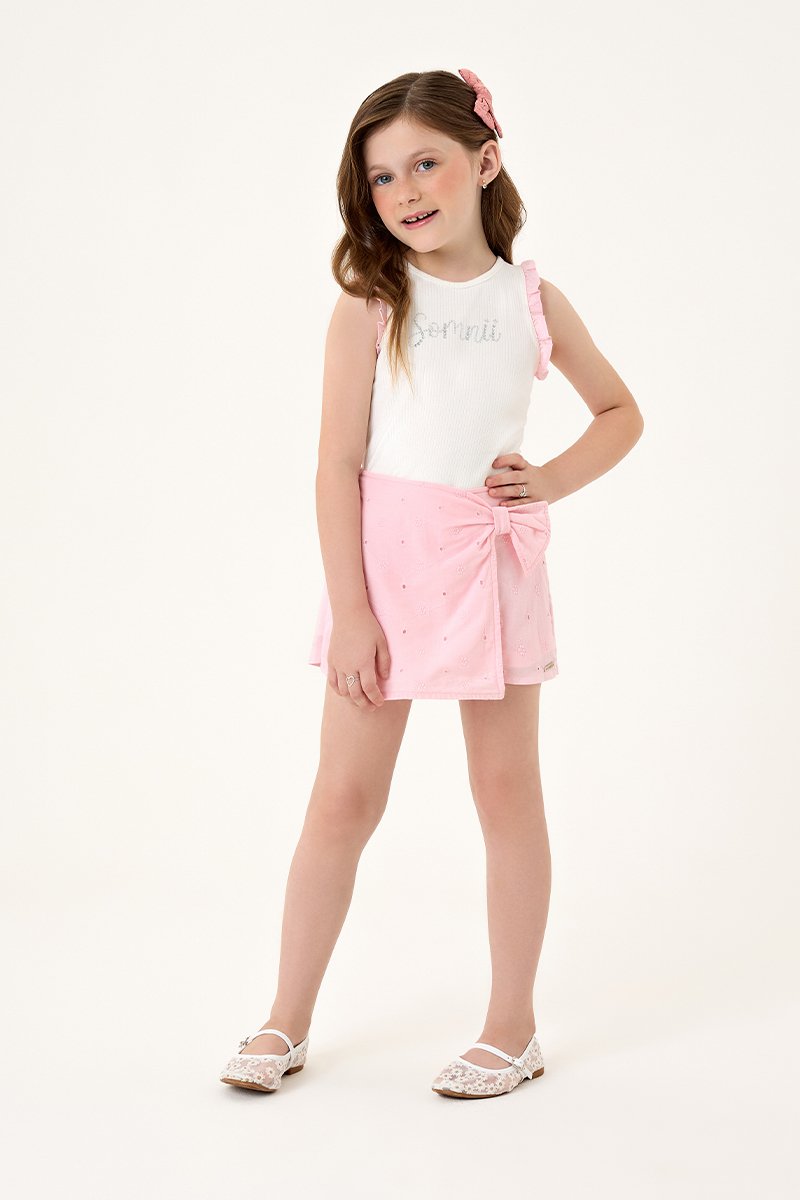 Conjunto Infantil Menina Regata em Cotton Canelado e Short Saia em Laise Bordada