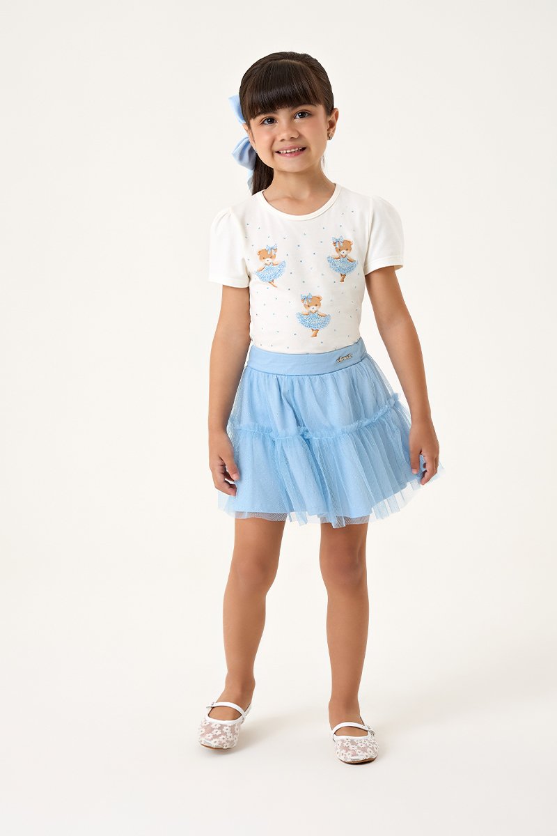 Conjunto Infantil Menina Blusa em Cotton e Saia em Tule Shine