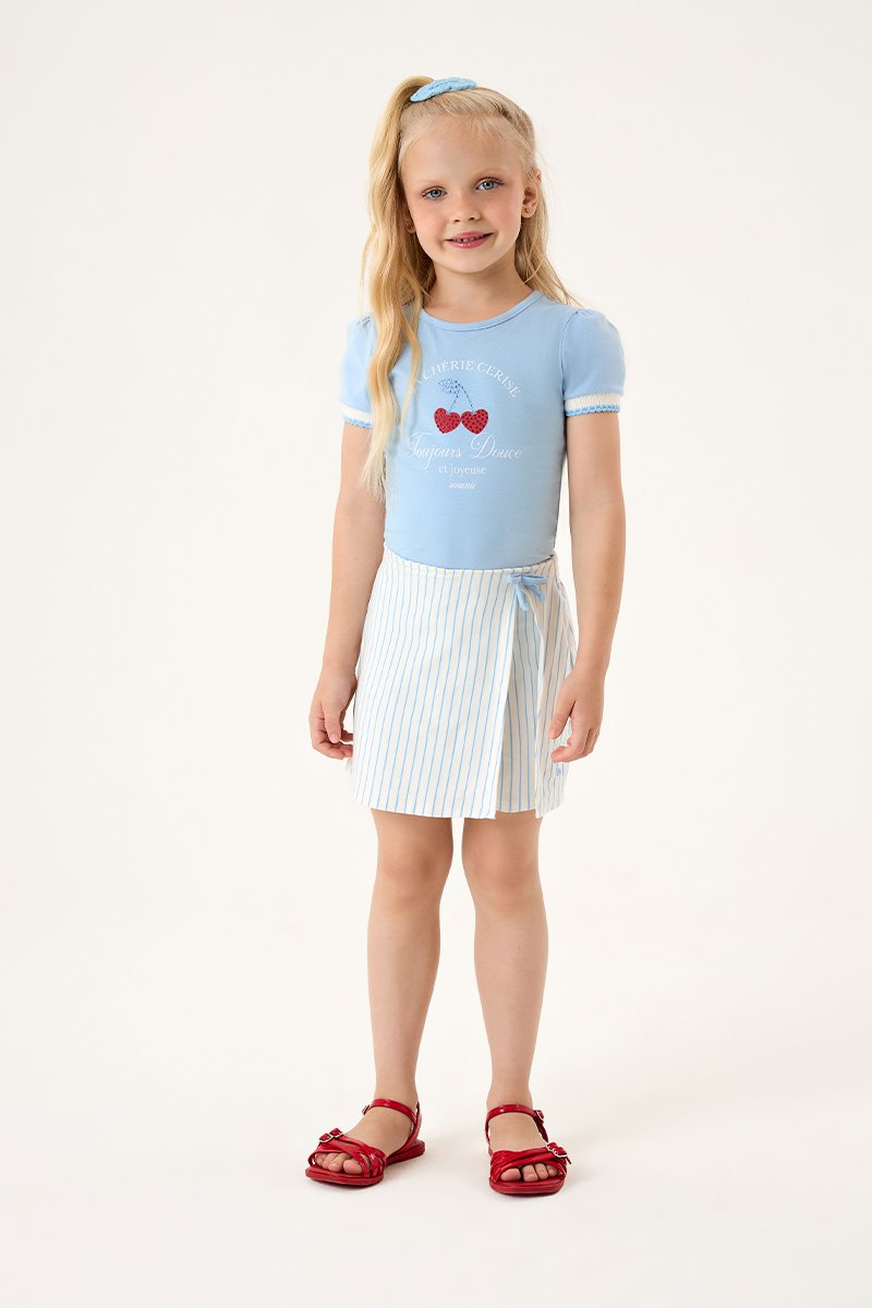 Conjunto Infantil Menina Blusa em Cotton e Short Saia em Cotton Listrado Fio Tinto