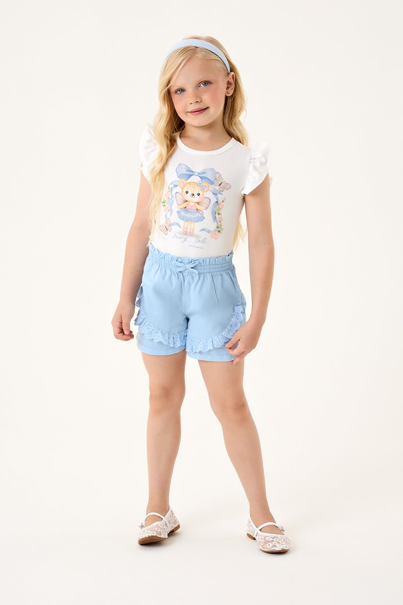 Conjunto Infantil Menina Blusa em Malha Suede Modal e Short Clochard em Sarja com Elastano