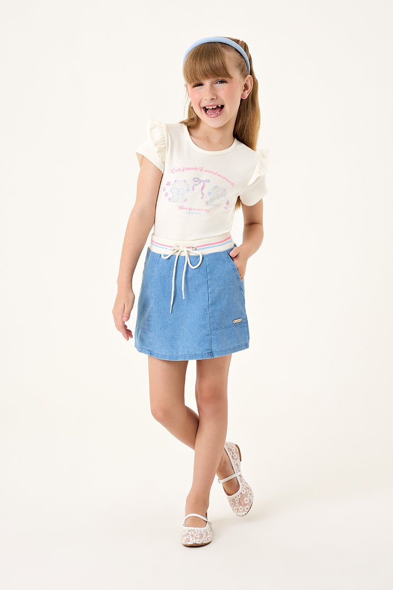 Conjunto Infantil Menina Blusa em Ribana Canelada Tran&ccedil;a e Short Saia em Jeans Leve