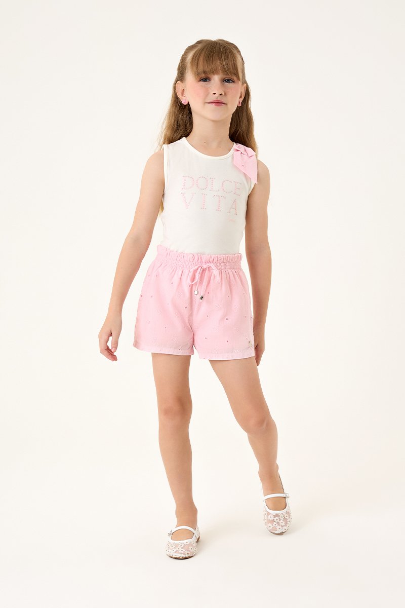 Conjunto Infantil Menina Regata em Cotton e Short em Laise Bordada