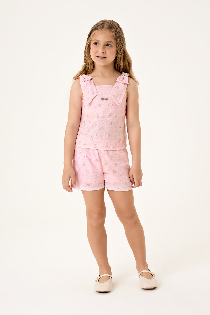Conjunto Infantil Menina Batinha e Short em Linho Leve com Estampa Digital