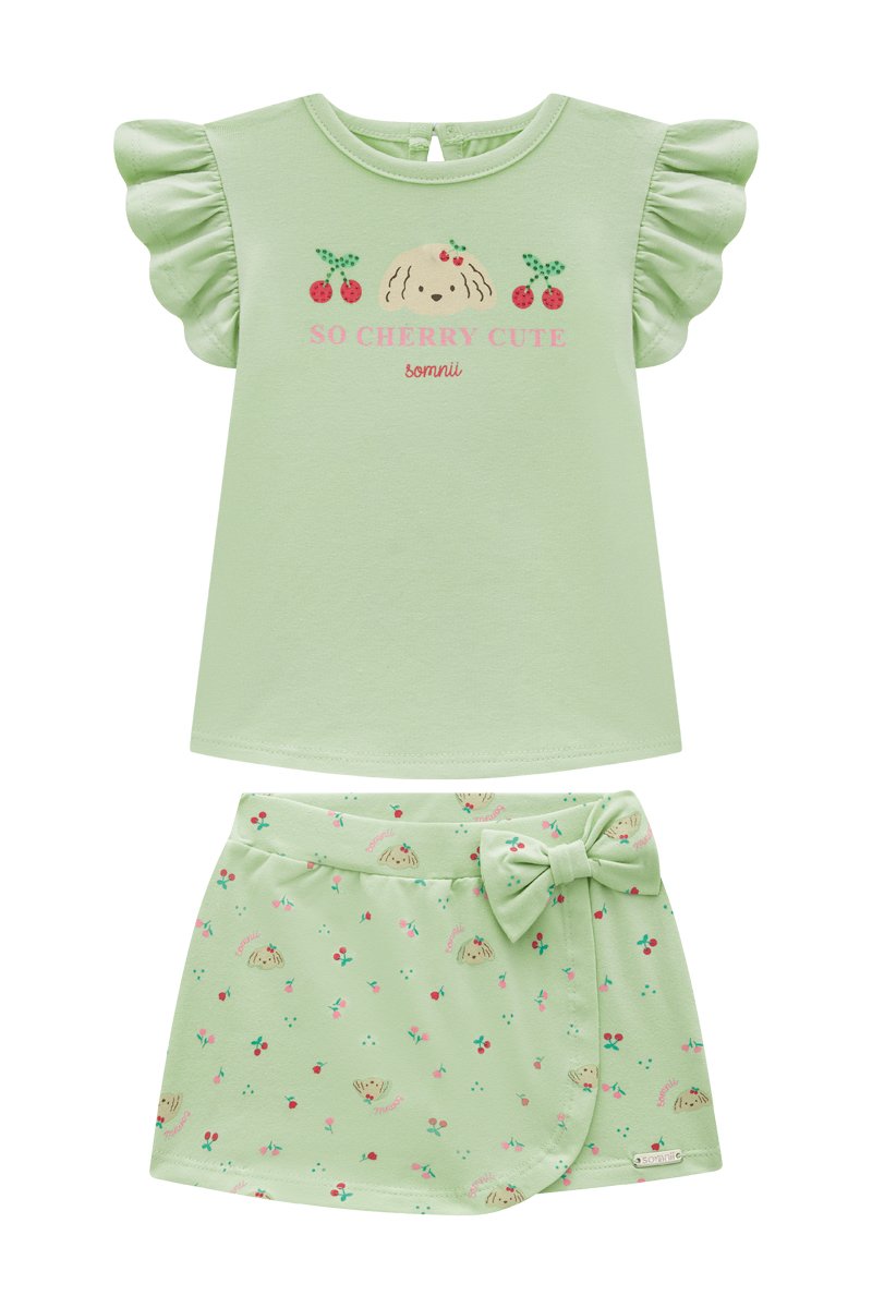 Conjunto Beb&ecirc; Menina Blusa em Cotton e Short Saia em Moletinho