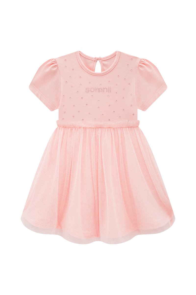 Vestido Beb&ecirc; Menina em Cotton e Tule Shine