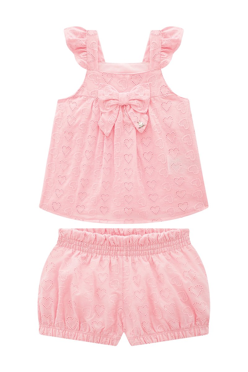 Conjunto Bebê Menina Batinha e Short Clochard em Laise Bordada Coração com Forro
