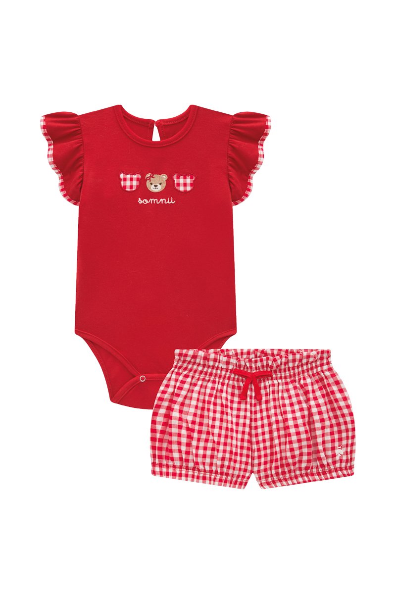 Conjunto Beb&ecirc; Menina Body em Cotton e Short Clochard em Tecido Xadrez Vichy