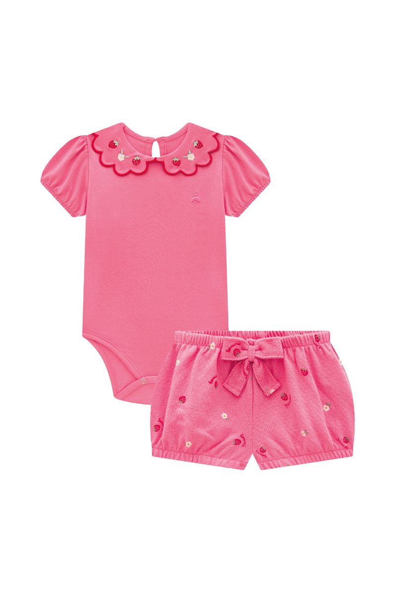 Conjunto Bebê Menina Body em Cotton e Short em Malha Crochê
