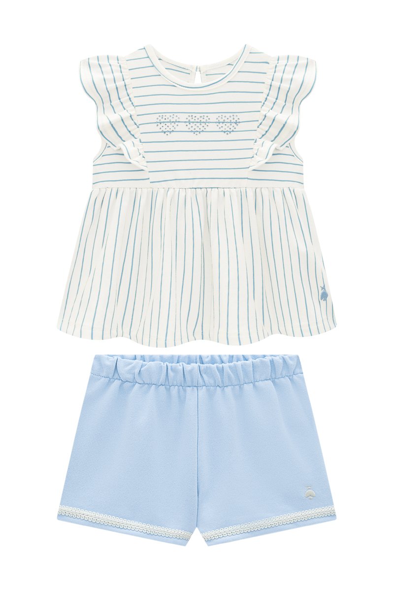 Conjunto Beb&ecirc; Menina Batinha em Cotton Listrado Fio Tinto e Short em Moletinho
