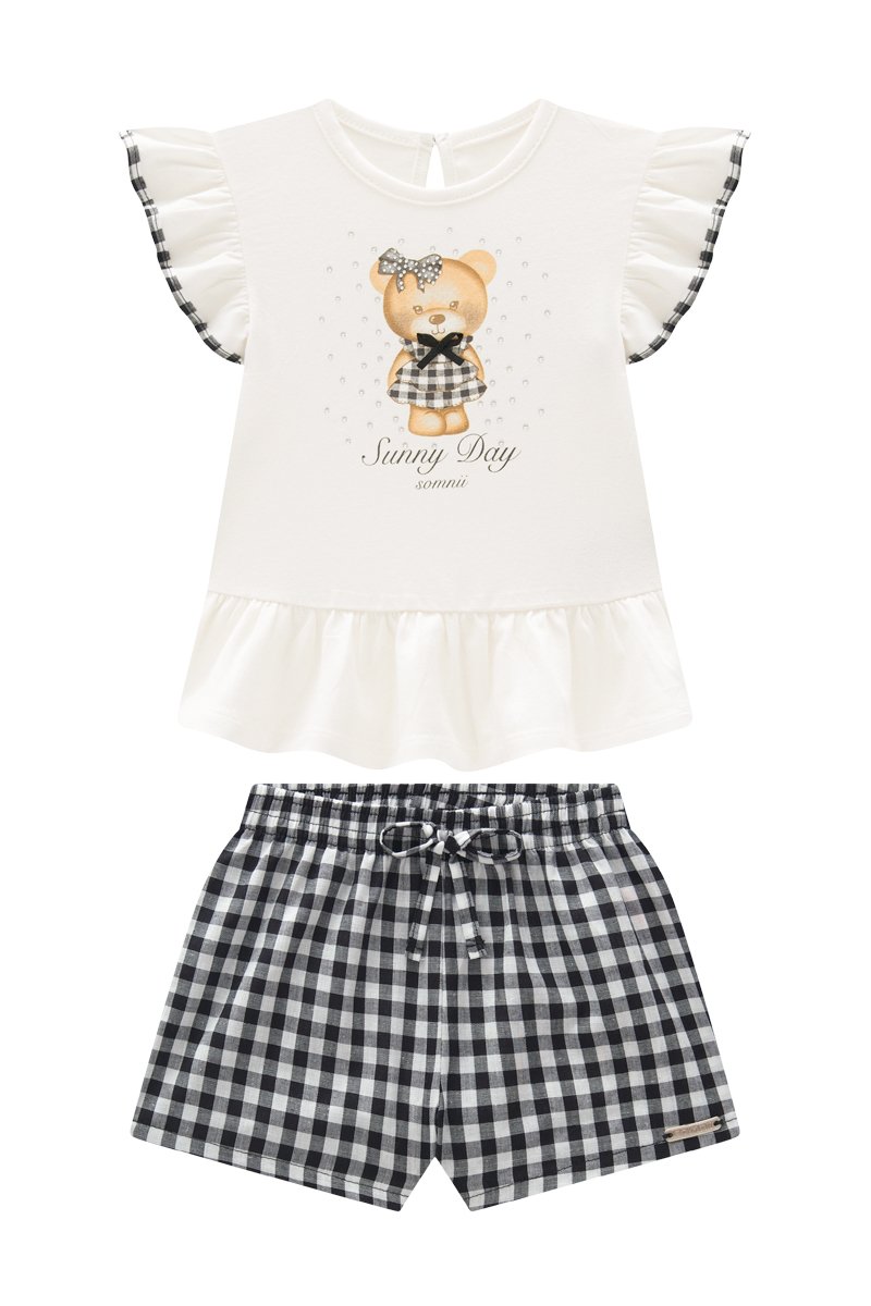 Conjunto Beb&ecirc; Menina Batinha em Cotton e Short em Tecido Xadrez Vichy
