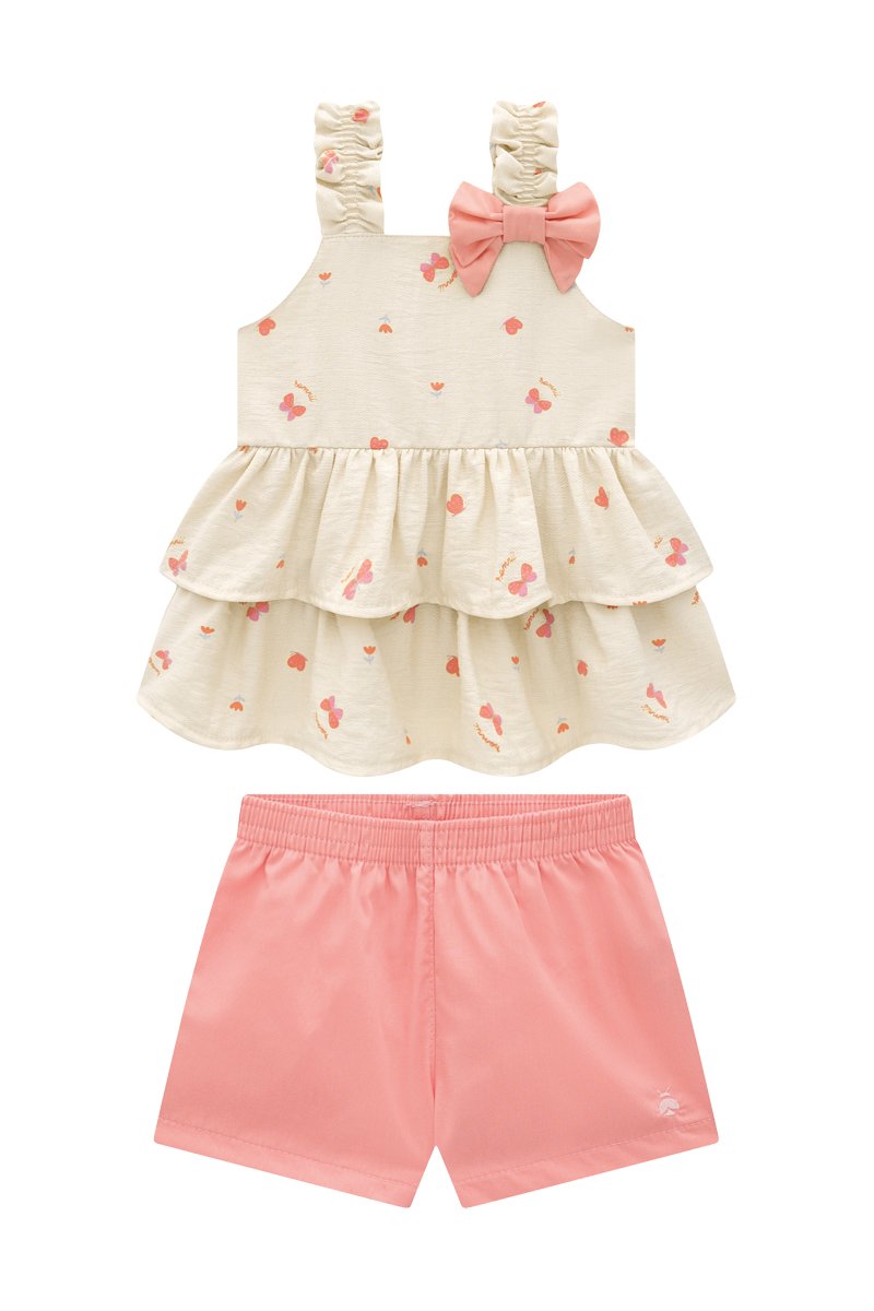 Conjunto Beb&ecirc; Menina Batinha em Linho Nature e Short em Tricoline