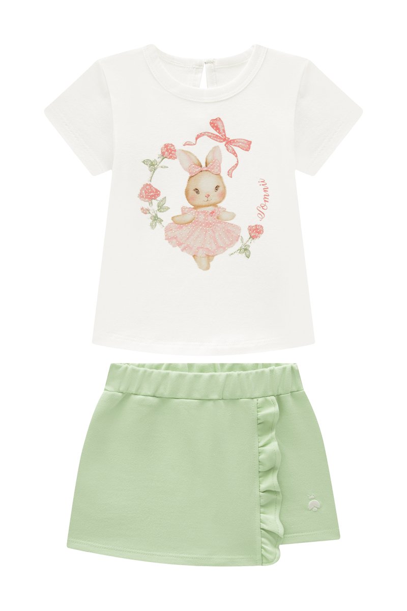 Conjunto Bebê Menina Blusa em Cotton e Short Saia em Moletinho