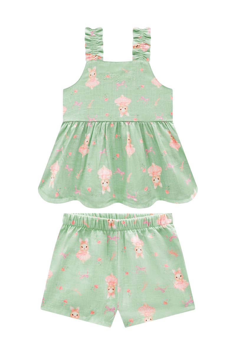 Conjunto Bebê Menina Batinha e Short em Linho Leve com Estampa Digital
