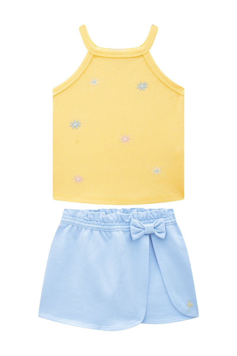 Conjunto Infantil Menina Regata em Ribana Canelada e Short Saia Clochard em Moletinho