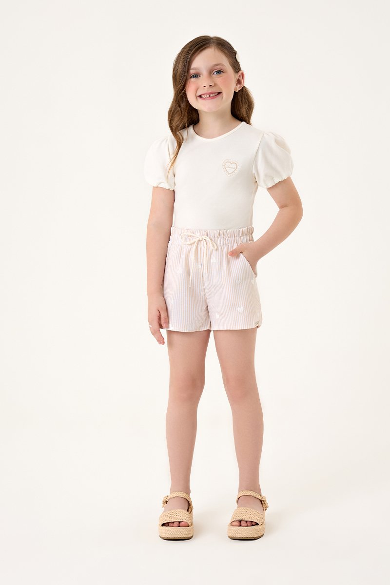 Conjunto Infantil Menina Blusa em Cotton e Short Clochard em Viscose Listrada Bordada