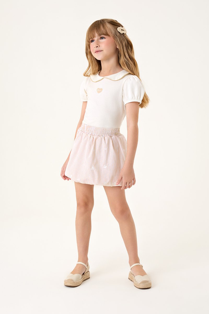 Conjunto Infantil Menina Blusa em Cotton e Saia Balonê em Viscose Listrada Bordada com Short Interno