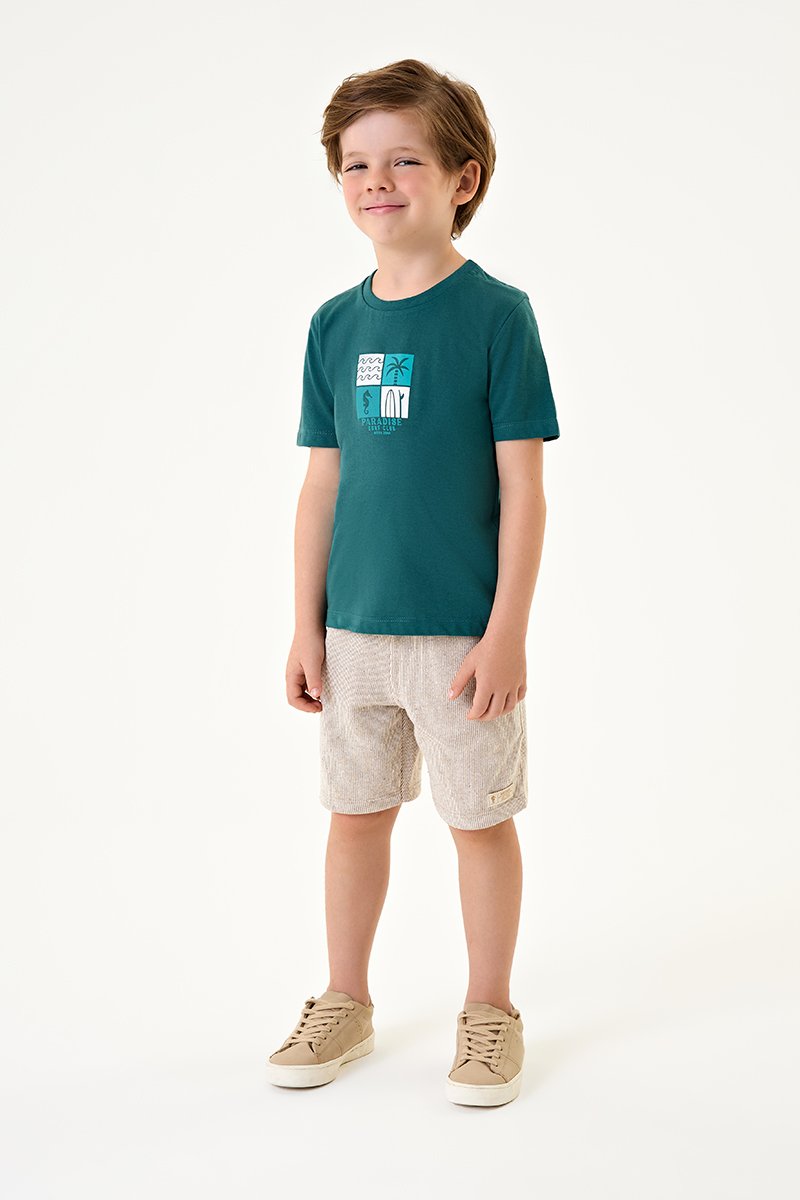 Conjunto Infantil Menino Camiseta em Meia Malha e Bermuda em Moletinho Eco Listrado Texturizado