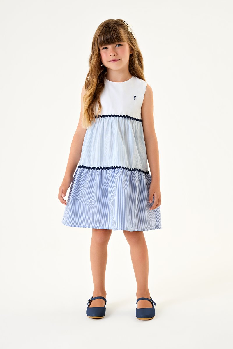 Vestido Infantil Menina em Tricoline Liso e Tricoline Listrado Fio Tinto
