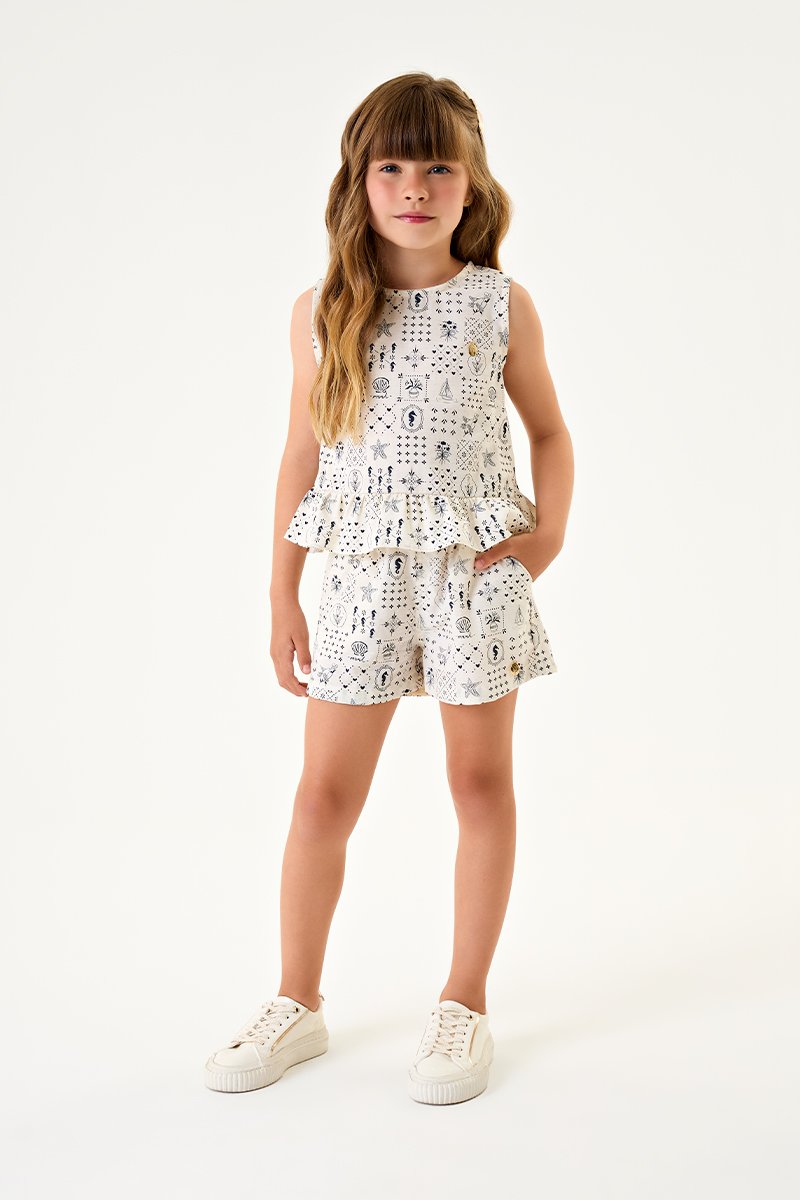 Conjunto Infantil Menina Blusa e Shorts em Linho Nature Estampado