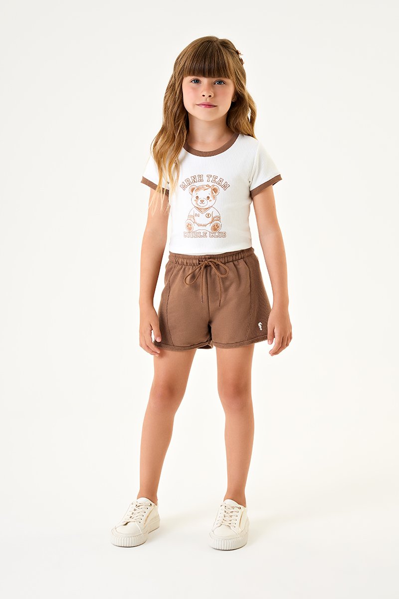 Conjunto Infantil Menina Blusa em Cotton Canelado e Short em Moletinho