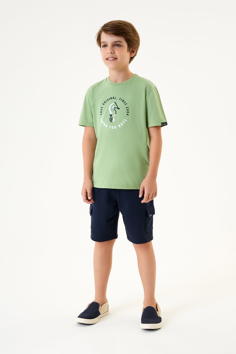Conjunto Infantil Menino Camiseta em Meia Malha e Bermuda em Moletinho