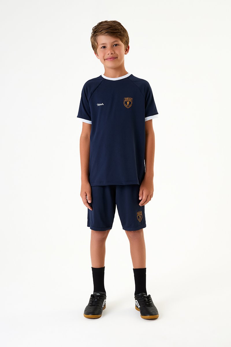 Conjunto Infantil Menino Camiseta e Bermuda em Malha Esportiva em Poliéster com Elastano e Trama Furadinha