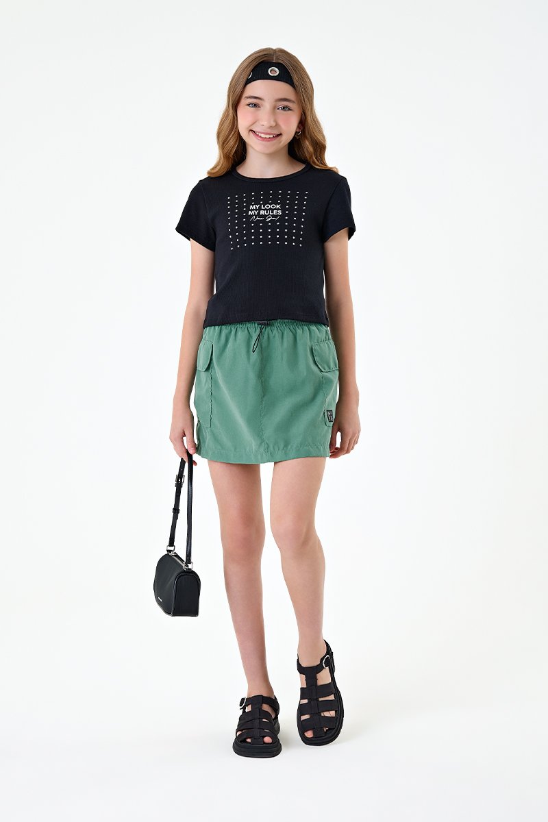 Conjunto Infantil Menina Blusa Box em Ribana Canelada e Saia em Nylon Smash com Short Interno