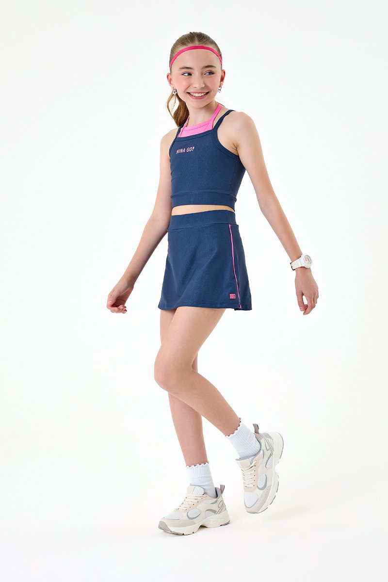 Conjunto Infantil Menina Top e Short Saia em Helanca de Poliamida Canelada Gloss