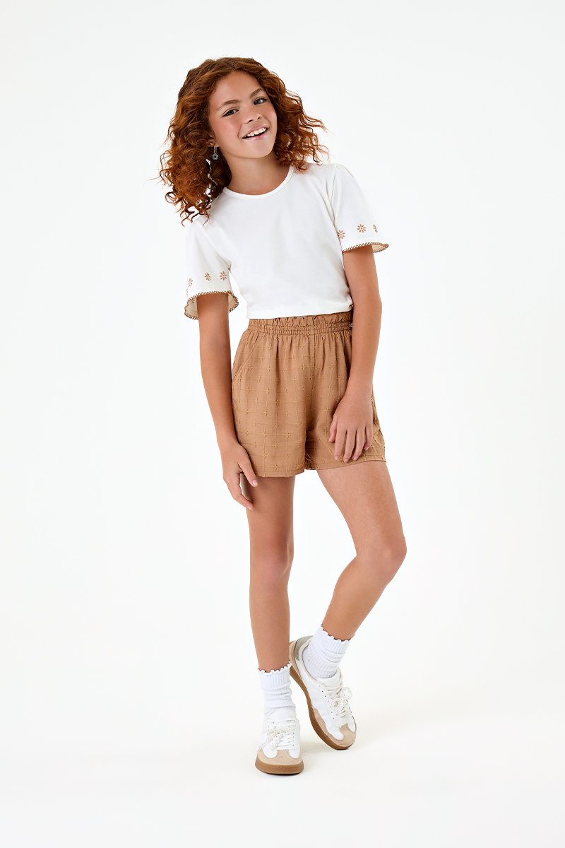 Conjunto Infantil Menina Blusa em Cotton e Short Clochard em Viscose Bordada