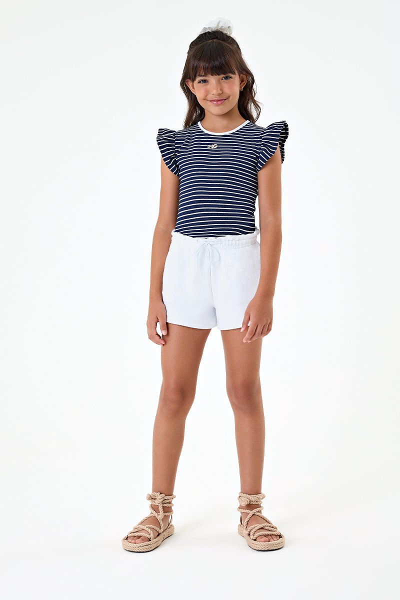 Conjunto Infantil Menina Blusa em Ribana Canelada Listrada e Short Clochard em Sarja com Elastano