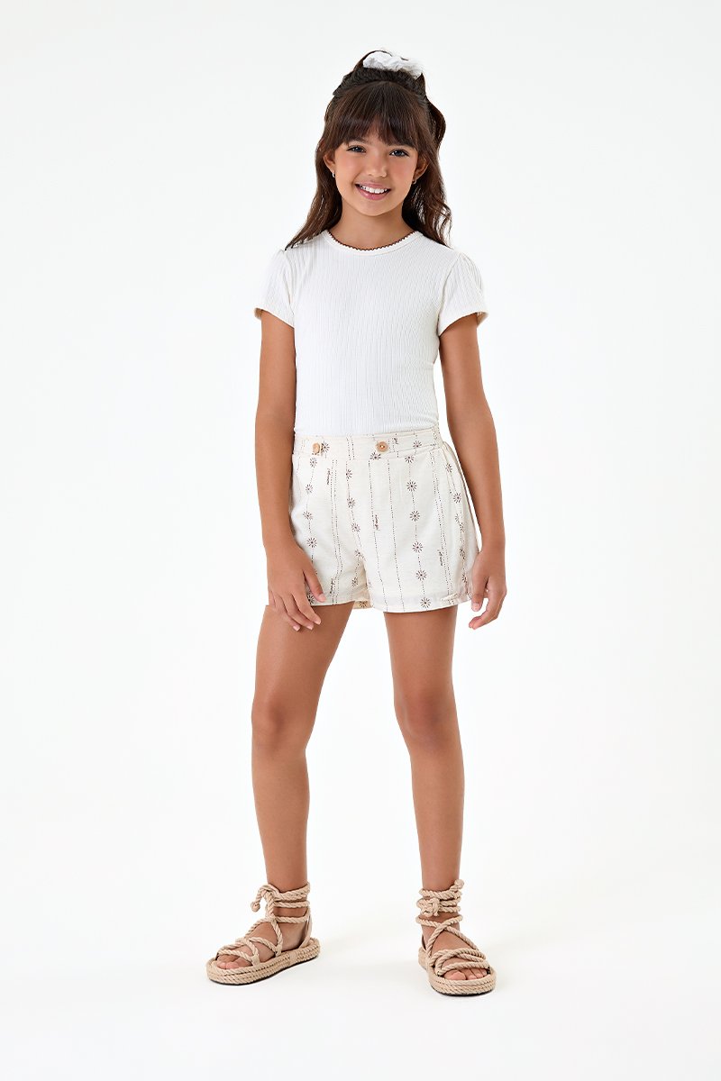 Conjunto Infantil Menina Blusa em Malha Canelada Tran&ccedil;a e Short em Linho