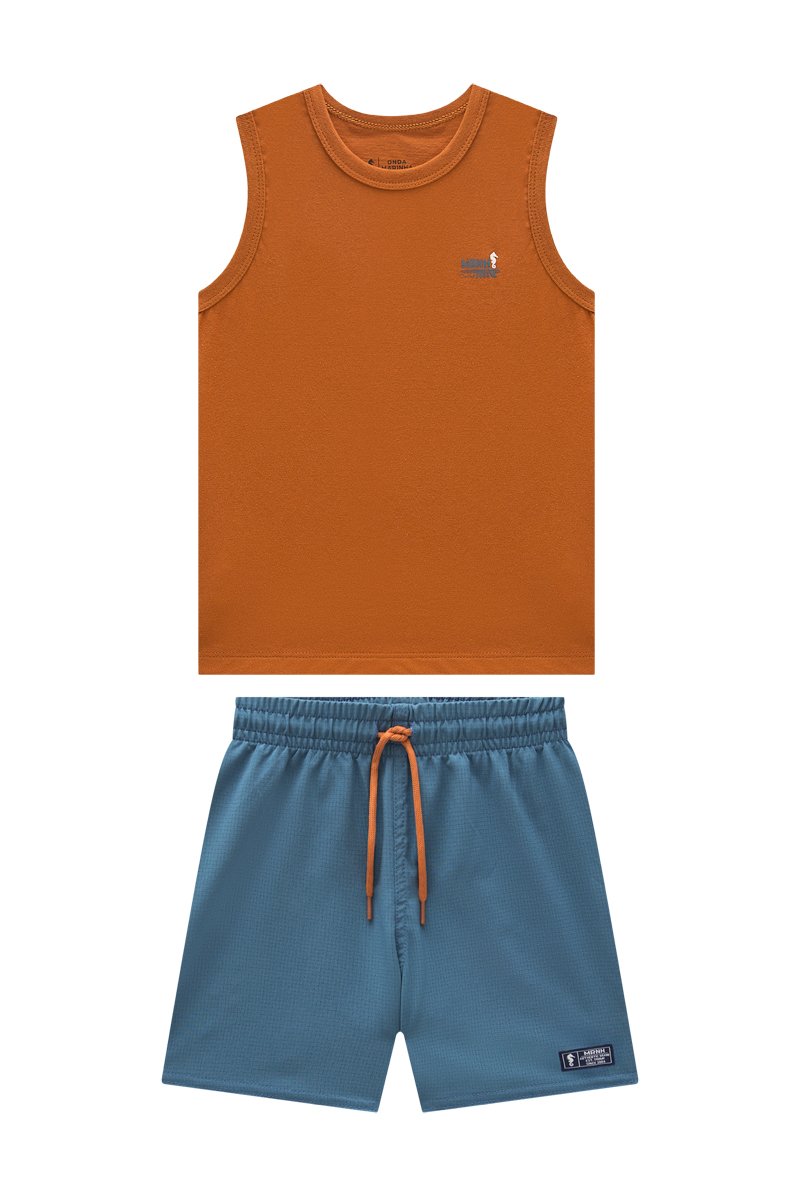 Conjunto Infantil Menino Regata em Meia Malha e Shorts em Nylon com Elastano Texturizado