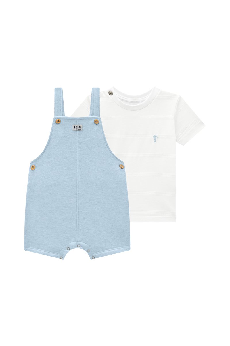 Conjunto Beb&ecirc; Menino Camiseta em Meia Malha e Jardineira em Moletinho Mescla